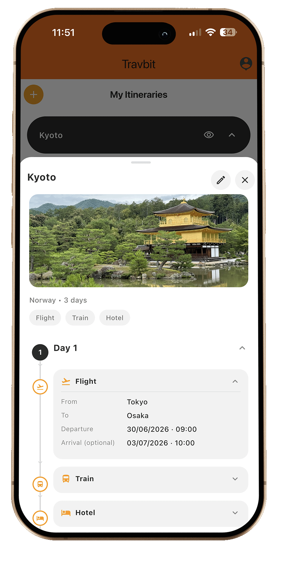 Travbit app showing a custom Kyoto itinerary with Flight, Train and Hotel, and an expandable day-by-day timeline